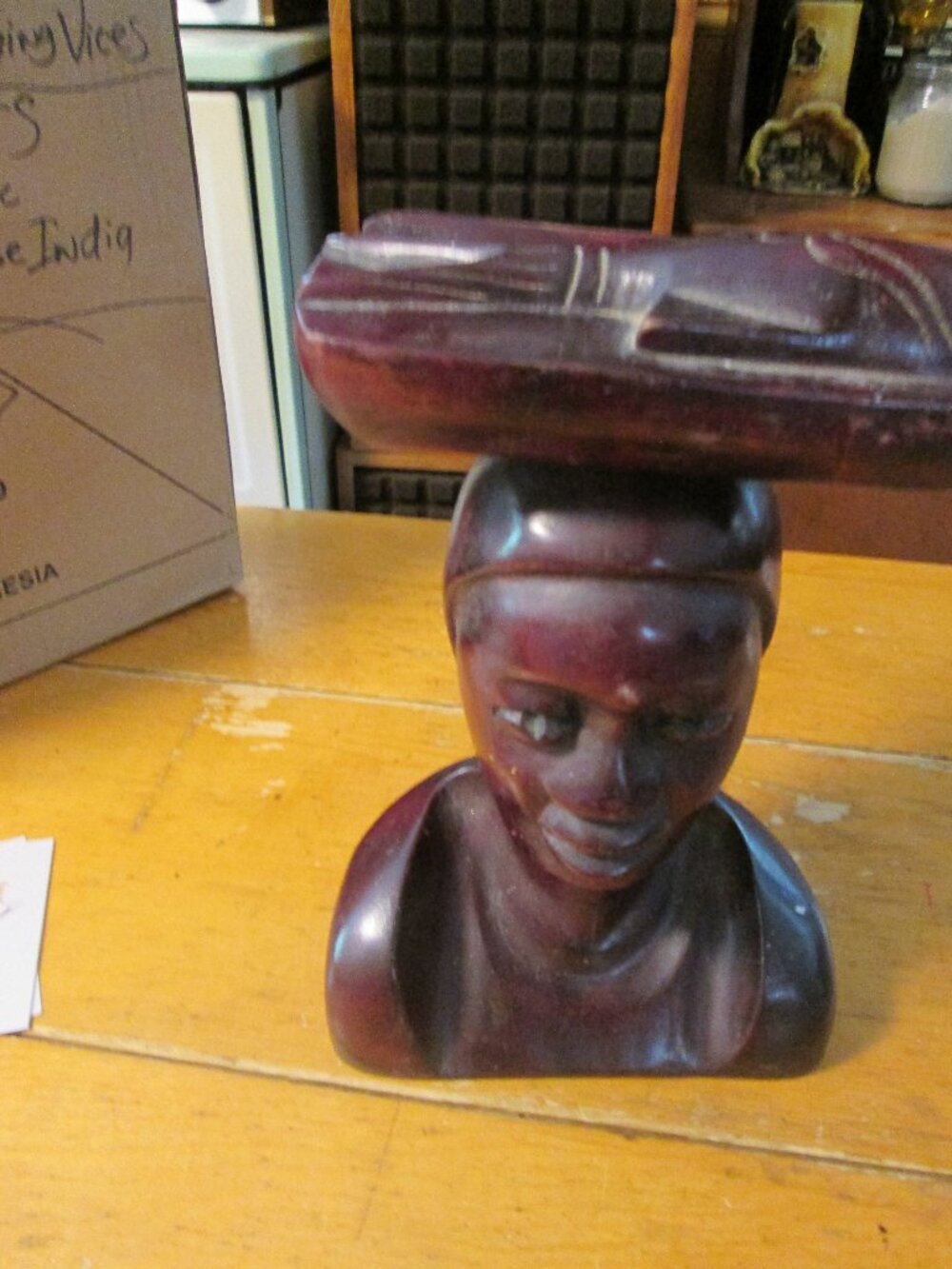 VTG HAND CARVED MAHOGNEY BUST TRIBAL WOMEN 9 IN WITH FISH BASKET ON HEAD UNIQUE